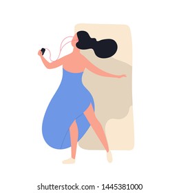 Pretty funny girl in dress listening to music and dancing. Cute young woman with audio player and earphones enjoying her hobby. Leisure or recreational activity. Flat cartoon vector illustration.