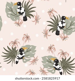 Pretty garden of palms and lilies with cute toucan birds enjoying nature. Subtle color palette of pink, green, white, cream and black. Bird of paradise seamless vector pattern. Great for home decor.