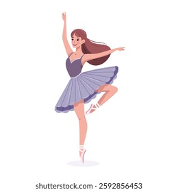 Pretty and gentle ballerina girl in dress dancing on white background. Poster, Banner, Flyer, Greeting Card. Vector illustration in flat cartoon style