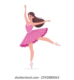 Pretty and gentle ballerina girl in dress dancing on white background. Poster, Banner, Flyer, Greeting Card. Vector illustration in flat cartoon style