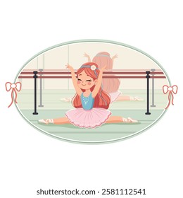 Pretty and gentle ballerina girl in pink and blue dress doing the splits in the ballerinas' hall on white background. Poster, Banner, Flyer, Greeting Card. Vector illustration in flat cartoon style