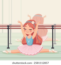 Pretty and gentle ballerina girl in pink and blue dress doing the splits in the ballerinas' hall. Poster, Banner, Flyer, Greeting Card. Vector illustration in flat cartoon style