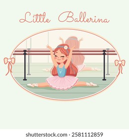 Pretty and gentle ballerina girl in pink and blue dress doing the splits in the ballerinas' hall. Poster, Banner, Flyer, Greeting Card. Vector illustration in flat cartoon style