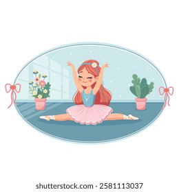 Pretty and gentle ballerina girl in pink and blue dress doing the splits in the room on white background. Poster, Banner, Flyer, Greeting Card. Vector illustration in flat cartoon style