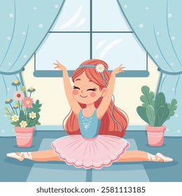 Pretty and gentle ballerina girl in pink and blue dress doing the splits in the room. Poster, Banner, Flyer, Greeting Card. Vector illustration in flat cartoon style