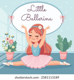 Pretty and gentle ballerina girl in pink and blue dress doing the splits in the room. Poster, Banner, Flyer, Greeting Card. Vector illustration in flat cartoon style