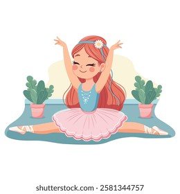 Pretty and gentle ballerina girl in pink and blue dress doing the splits in the room on white background. Poster, Banner, Flyer, Greeting Card. Vector illustration in flat cartoon style