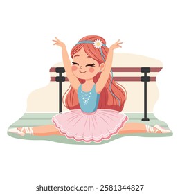 Pretty and gentle ballerina girl in pink and blue dress doing the splits in the ballerinas' hall on white background. Poster, Banner, Flyer, Greeting Card. Vector illustration in flat cartoon style