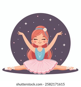 Pretty and gentle ballerina girl in pink and blue dress doing the splits on white background. Poster, Banner, Flyer, Greeting Card. Vector illustration in flat cartoon style