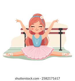 Pretty and gentle ballerina girl in pink and blue dress doing the splits on white background. Poster, Banner, Flyer, Greeting Card. Vector illustration in flat cartoon style