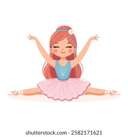 Pretty and gentle ballerina girl in pink and blue dress doing the splits on white background. Poster, Banner, Flyer, Greeting Card. Vector illustration in flat cartoon style