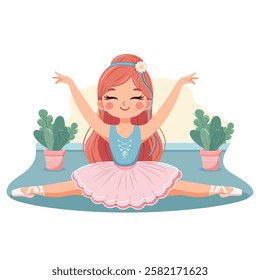 Pretty and gentle ballerina girl in pink and blue dress doing the splits on white background. Poster, Banner, Flyer, Greeting Card. Vector illustration in flat cartoon style