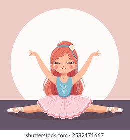 Pretty and gentle ballerina girl in pink and blue dress doing the splits. Poster, Banner, Flyer, Greeting Card. Vector illustration in flat cartoon style