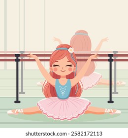 Pretty and gentle ballerina girl in pink and blue dress doing the splits in the ballerinas' hall with a mirror. Poster, Banner, Flyer, Greeting Card. Vector illustration in flat cartoon style