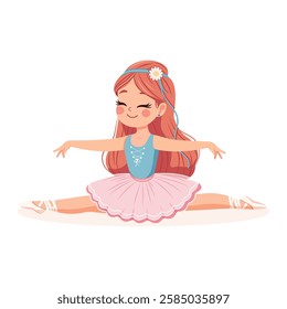 Pretty and gentle ballerina girl in pink and blue dress doing the splits on white background. Poster, Banner, Flyer, Greeting Card. Vector illustration in flat cartoon style