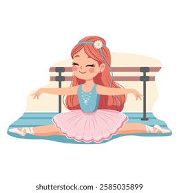 Pretty and gentle ballerina girl in pink and blue dress doing the splits in the room on white background. Poster, Banner, Flyer, Greeting Card. Vector illustration in flat cartoon style