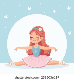 Pretty and gentle ballerina girl in pink and blue dress doing the splits in the room on white background. Poster, Banner, Flyer, Greeting Card. Vector illustration in flat cartoon style