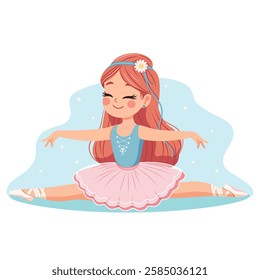 Pretty and gentle ballerina girl in pink and blue dress doing the splits in the room on white background. Poster, Banner, Flyer, Greeting Card. Vector illustration in flat cartoon style