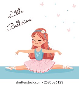 Pretty and gentle ballerina girl in pink and blue dress doing the splits in the room on white background. Poster, Banner, Flyer, Greeting Card. Vector illustration in flat cartoon style