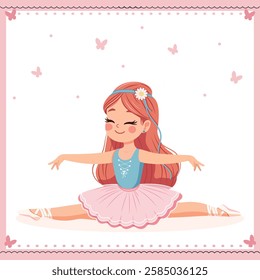 Pretty and gentle ballerina girl in pink and blue dress doing the splits in the room on white background. Poster, Banner, Flyer, Greeting Card. Vector illustration in flat cartoon style