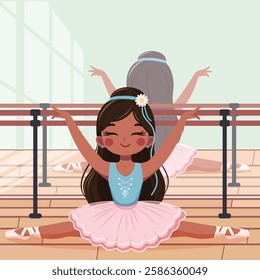 Pretty and gentle ballerina girl in pink and blue dress doing the splits on white background. Poster, Banner, Flyer, Greeting Card. Vector illustration in flat cartoon style