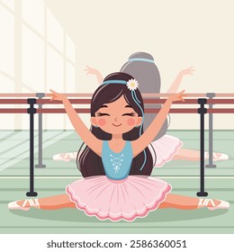 Pretty and gentle ballerina girl in pink and blue dress doing the splits on white background. Poster, Banner, Flyer, Greeting Card. Vector illustration in flat cartoon style