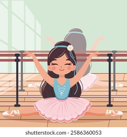 Pretty and gentle ballerina girl in pink and blue dress doing the splits on white background. Poster, Banner, Flyer, Greeting Card. Vector illustration in flat cartoon style