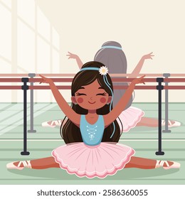 Pretty and gentle ballerina girl in pink and blue dress doing the splits on white background. Poster, Banner, Flyer, Greeting Card. Vector illustration in flat cartoon style