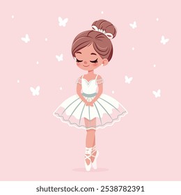 Bonita e gentil bailarina menina em vestido branco dançando com borboletas no fundo rosa. Cartaz, Faixa, Panfleto, Cartão de Saudação. Ilustração vetorial em estilo de desenho animado plano