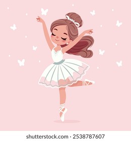 Bonita e gentil bailarina menina em vestido branco dançando com borboletas no fundo rosa. Cartaz, Faixa, Panfleto, Cartão de Saudação. Ilustração vetorial em estilo de desenho animado plano