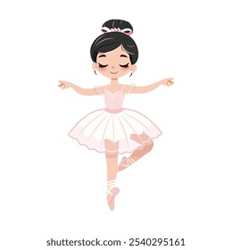 Bailarina bonita y suave chica en vestido blanco y rosa bailando sobre fondo blanco. Póster, Anuncio, Flyer, Tarjeta de felicitación. Ilustración vectorial en estilo plano de dibujos animados