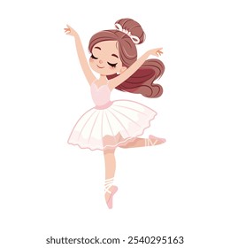 Bonita e gentil bailarina menina no vestido branco e rosa dançando no fundo branco. Cartaz, Faixa, Panfleto, Cartão de Saudação. Ilustração vetorial em estilo de desenho animado plano