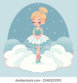 Pretty and gentle ballerina girl in white and blue dress dancing on the cloud with stars . Poster, Banner, Flyer, Greeting Card. Vector illustration in flat cartoon style