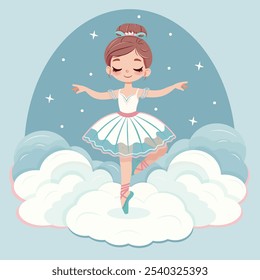 Bailarina bonita y suave chica en vestido blanco y azul bailando en la nube con estrellas . Póster, Anuncio, Flyer, Tarjeta de felicitación. Ilustración vectorial en estilo plano de dibujos animados