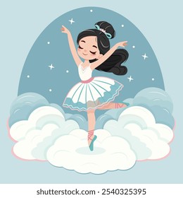 Bailarina bonita y suave chica en vestido blanco y azul bailando en la nube con estrellas . Póster, Anuncio, Flyer, Tarjeta de felicitación. Ilustración vectorial en estilo plano de dibujos animados