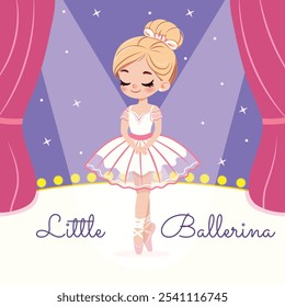 Bailarina bonita y gentil chica en vestido blanco bailando en el escenario. Póster, Anuncio, Flyer, Tarjeta de felicitación. Ilustración vectorial en estilo plano de dibujos animados