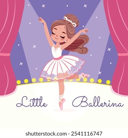 Pretty and gentle ballerina girl in white dress dancing on stage. Poster, Banner, Flyer, Greeting Card. Vector illustration in flat cartoon style