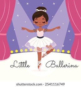 Bailarina bonita y gentil chica en vestido blanco bailando en el escenario. Póster, Anuncio, Flyer, Tarjeta de felicitación. Ilustración vectorial en estilo plano de dibujos animados