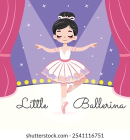 Pretty and gentle ballerina girl in white dress dancing on stage. Poster, Banner, Flyer, Greeting Card. Vector illustration in flat cartoon style