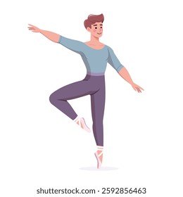 Pretty and gentle ballerina man dancing on white background. Poster, Banner, Flyer, Greeting Card. Vector illustration in flat cartoon style