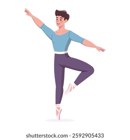 Pretty and gentle ballerina man dancing on white background. Poster, Banner, Flyer, Greeting Card. Vector illustration in flat cartoon style