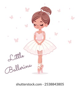 Bailarina bonita y suave en vestido blanco bailando con mariposas sobre fondo blanco. Póster, Anuncio, Flyer, Tarjeta de felicitación. Ilustración vectorial en estilo plano de dibujos animados