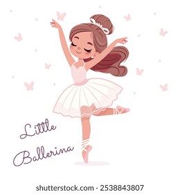 Bailarina bonita e gentil em vestido branco dançando com borboletas no fundo branco. Cartaz, Faixa, Panfleto, Cartão de Saudação. Ilustração vetorial em estilo de desenho animado plano