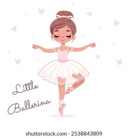 Bailarina bonita y suave en vestido blanco bailando con mariposas sobre fondo blanco. Póster, Anuncio, Flyer, Tarjeta de felicitación. Ilustración vectorial en estilo plano de dibujos animados