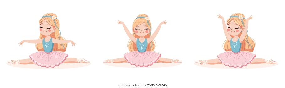 Pretty and gentle ballerinas girl in pink and blue dress doing the splits in the room on white background. Poster, Banner, Flyer, Greeting Card. Vector illustration in flat cartoon style