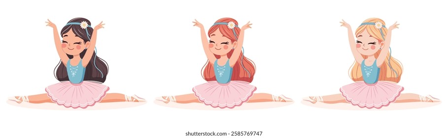 Pretty and gentle ballerinas girl in pink and blue dress doing the splits in the room on white background. Poster, Banner, Flyer, Greeting Card. Vector illustration in flat cartoon style