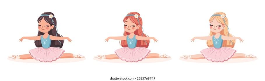 Pretty and gentle ballerinas girl in pink and blue dress doing the splits in the room on white background. Poster, Banner, Flyer, Greeting Card. Vector illustration in flat cartoon style