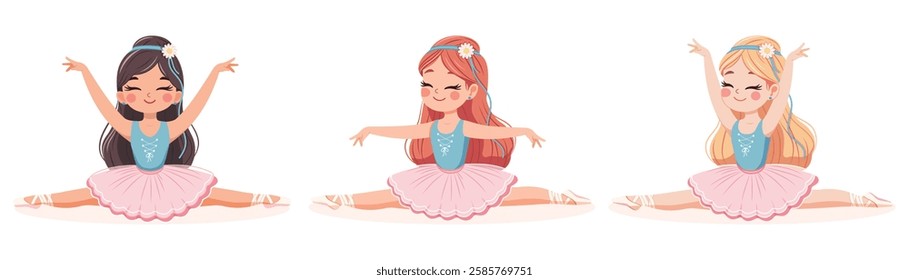 Pretty and gentle ballerinas girl in pink and blue dress doing the splits in the room on white background. Poster, Banner, Flyer, Greeting Card. Vector illustration in flat cartoon style