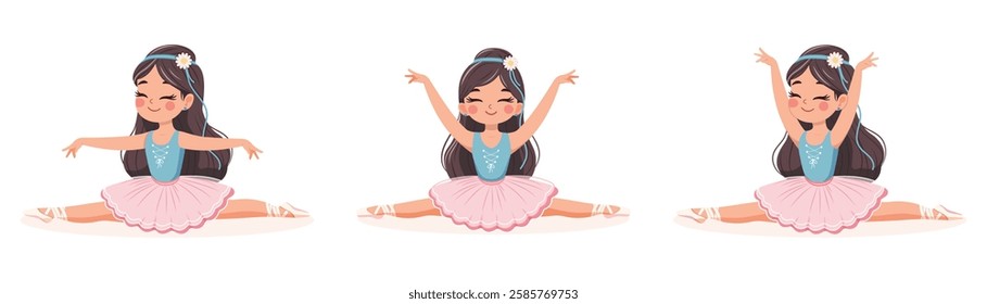 Pretty and gentle ballerinas girl in pink and blue dress doing the splits in the room on white background. Poster, Banner, Flyer, Greeting Card. Vector illustration in flat cartoon style