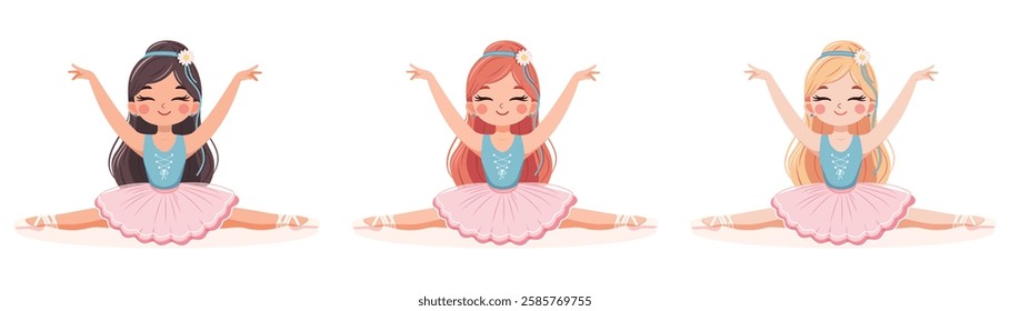 Pretty and gentle ballerinas girl in pink and blue dress doing the splits in the room on white background. Poster, Banner, Flyer, Greeting Card. Vector illustration in flat cartoon style